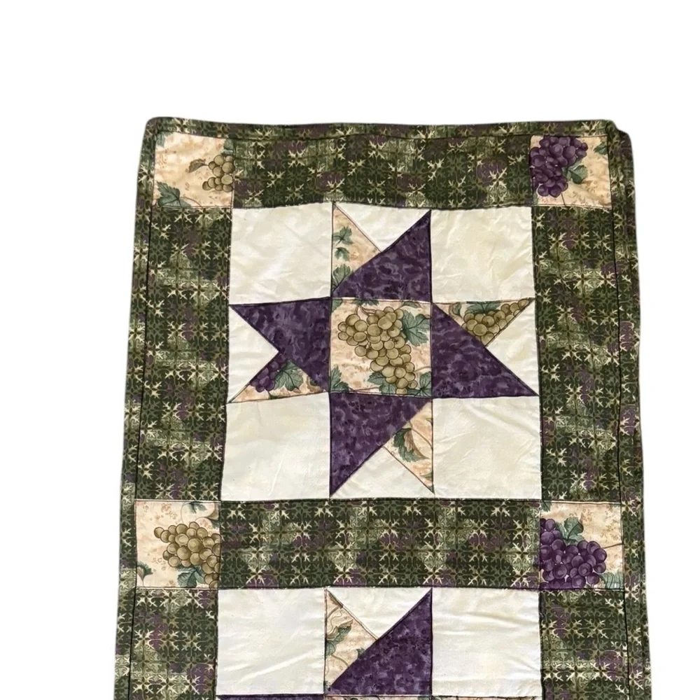 Handmade Star Block Quilted Table Runner 68”X16” Purple Green Grapes Farmhouse
